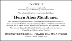Traueranzeige Alois Mühlbauer