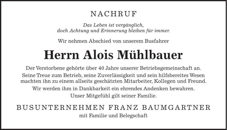 Traueranzeige Alois Mühlbauer
