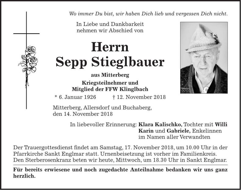 Traueranzeige Sepp Stieglbauer