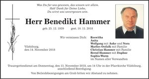 Traueranzeige Benedikt Hammer