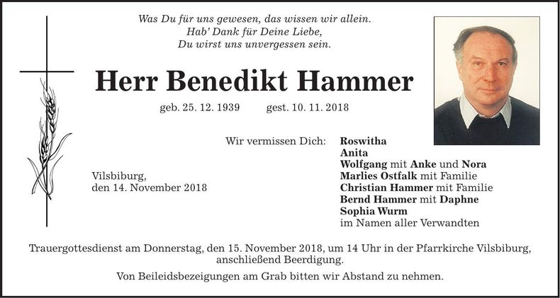 Traueranzeige Benedikt Hammer