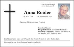 Traueranzeige Anna Roider