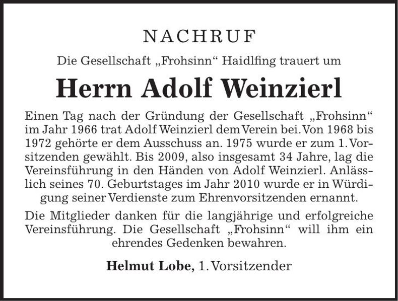 Traueranzeige Adolf Weinzierl