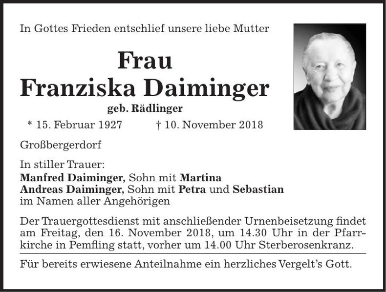 Traueranzeige Franziska Daiminger