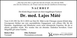 Traueranzeige Lajos Dr. med. Máté