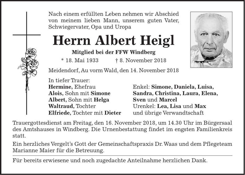 Traueranzeige Albert Heigl