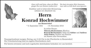 Traueranzeige Konrad Hochwimmer