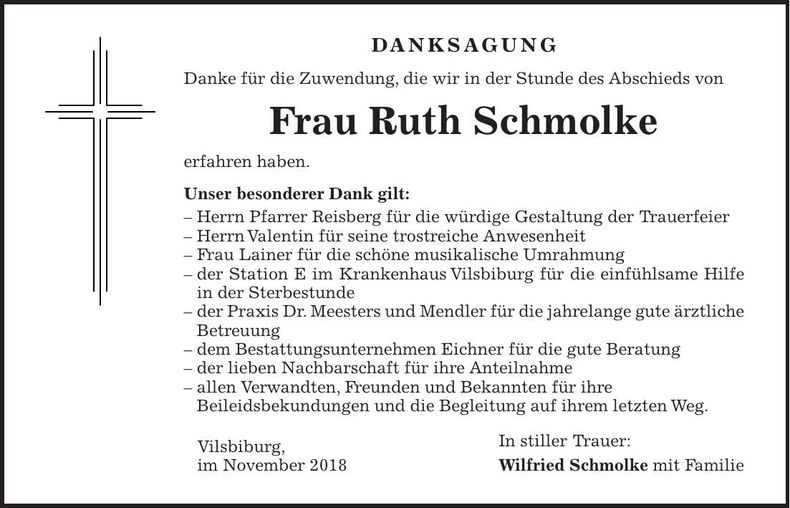 Traueranzeige Ruth Schmolke