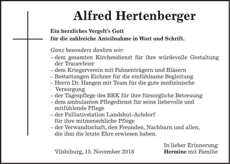 Traueranzeige Alfred Hertenberger