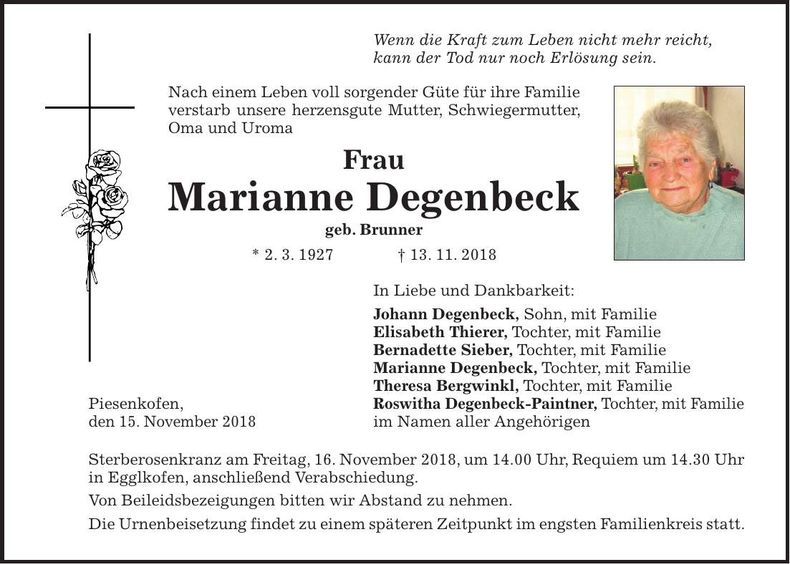Traueranzeige Marianne Degenbeck