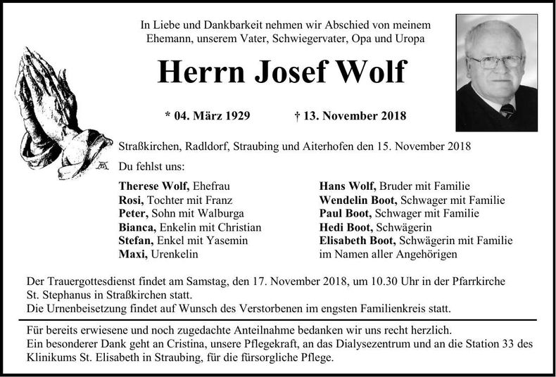 Traueranzeige Josef Wolf