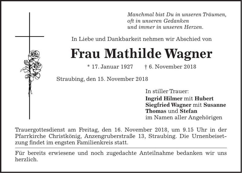 Traueranzeige Mathilde Wagner