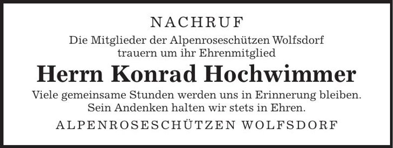 Traueranzeige Konrad Hochwimmer