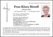 Traueranzeige Klara Biendl