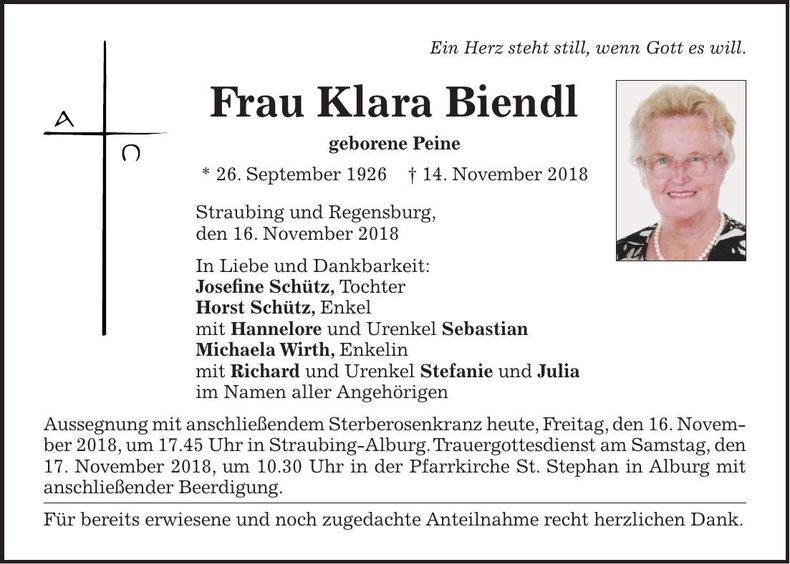 Traueranzeige Klara Biendl