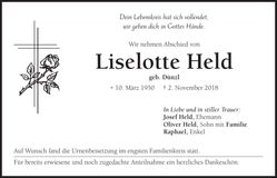 Traueranzeige Liselotte Held