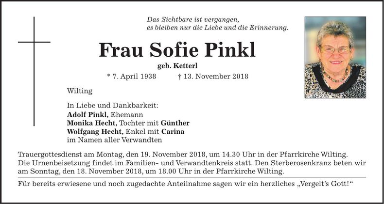 Traueranzeige Sofie Pinkl