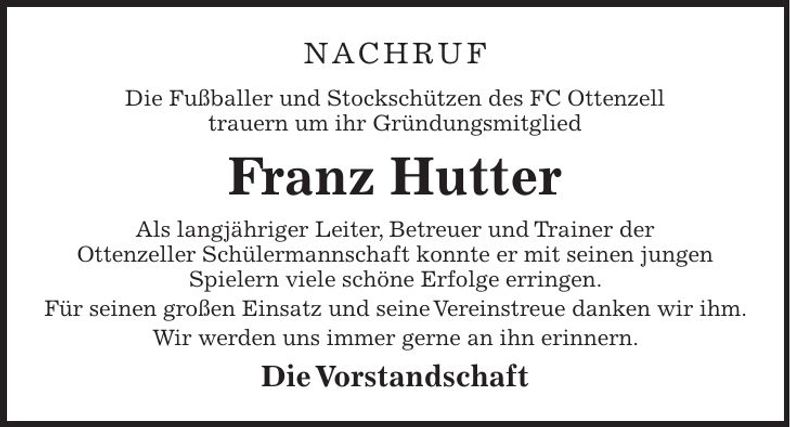 Traueranzeige Franz Hutter