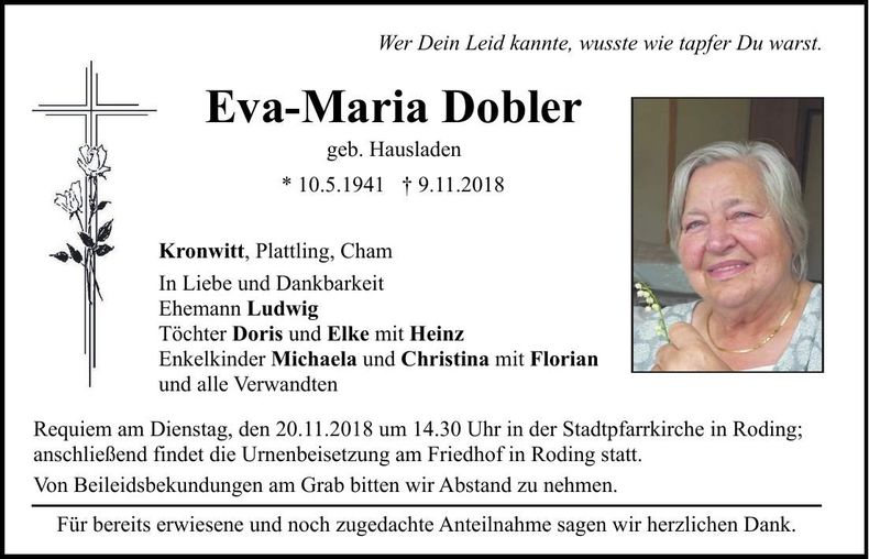 Traueranzeige Eva Maria Dobler