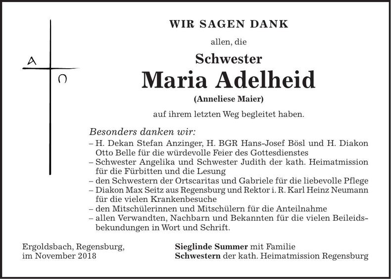 Traueranzeige Anneliese Maier Schwester Maria Adelheid
