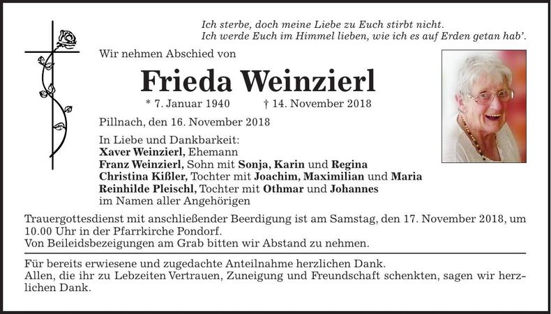 Traueranzeige Frieda Weinzierl