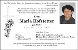 Traueranzeige Maria Hofstetter