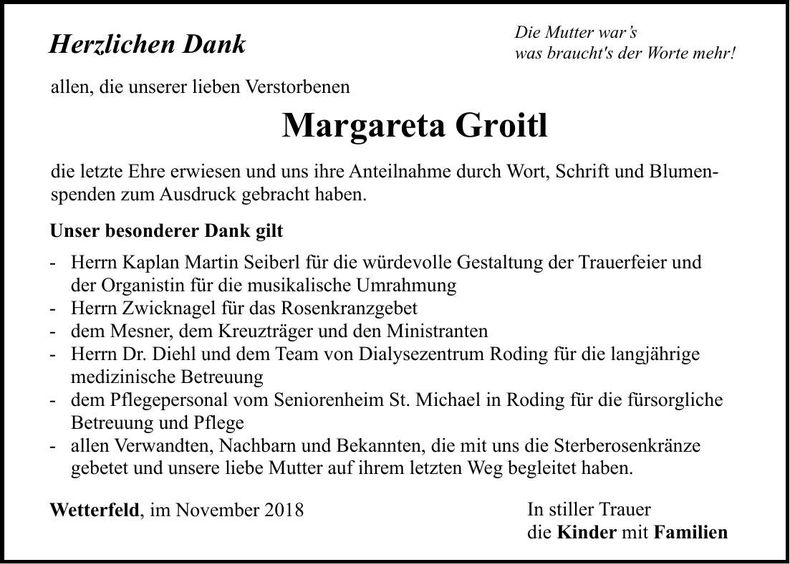 Traueranzeige Margareta Groitl
