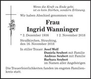 Traueranzeige Ingrid Wanninger