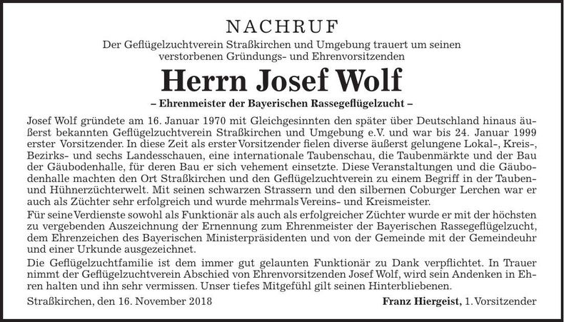 Traueranzeige Josef Wolf