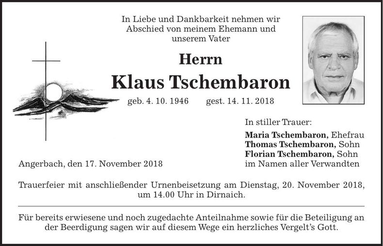 Traueranzeige Klaus Tschembaron