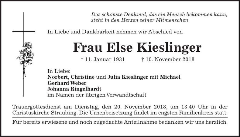 Traueranzeige Else Kieslinger