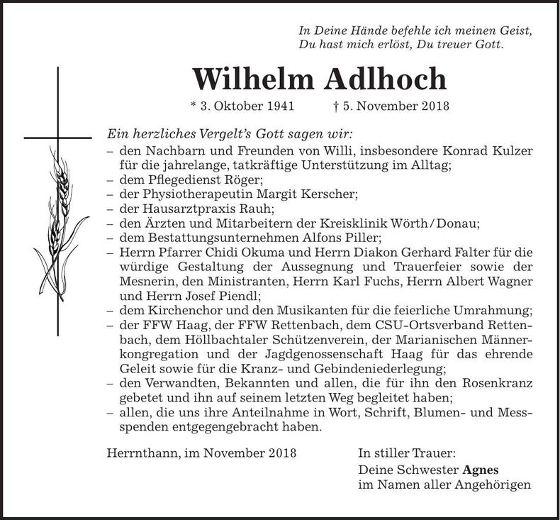 Traueranzeige Wilhelm Adlhoch