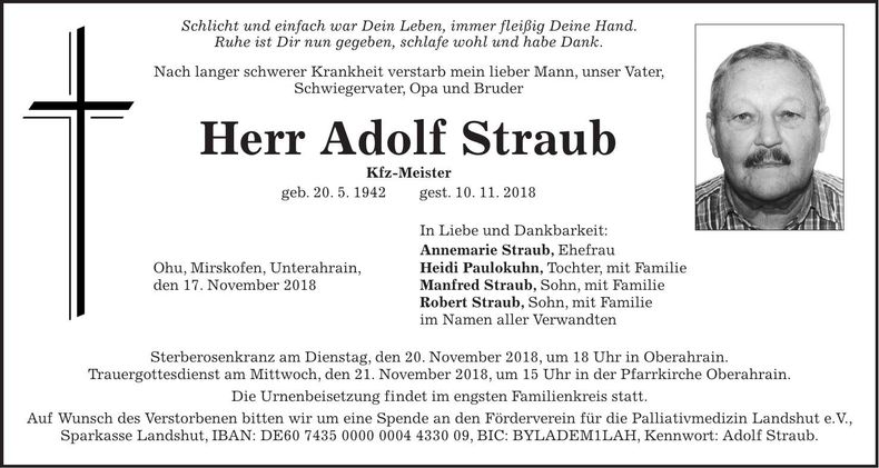 Traueranzeige Adolf Straub