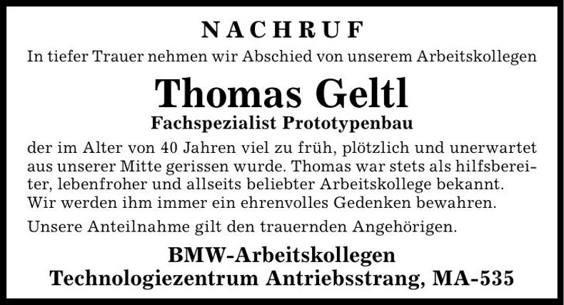 Traueranzeige Thomas Geltl