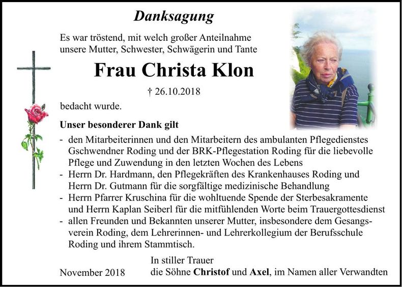 Traueranzeige Christa Klon
