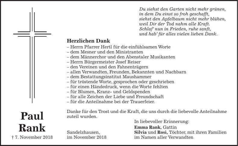 Traueranzeige Paul Rank