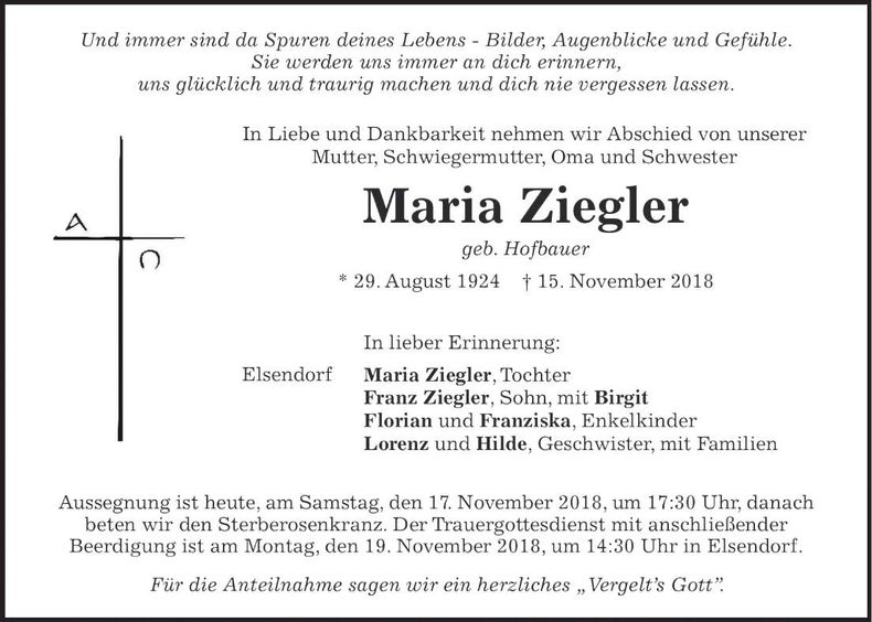 Traueranzeige Maria Ziegler