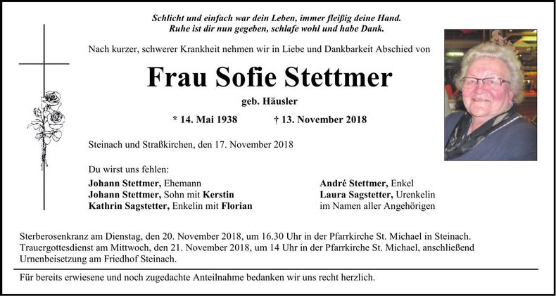 Traueranzeige Sofie Stettmer