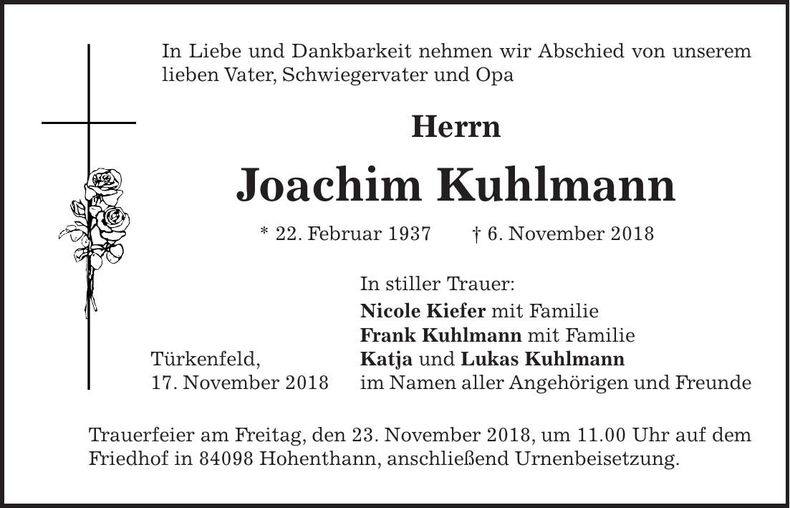 Traueranzeige Joachim Kuhlmann