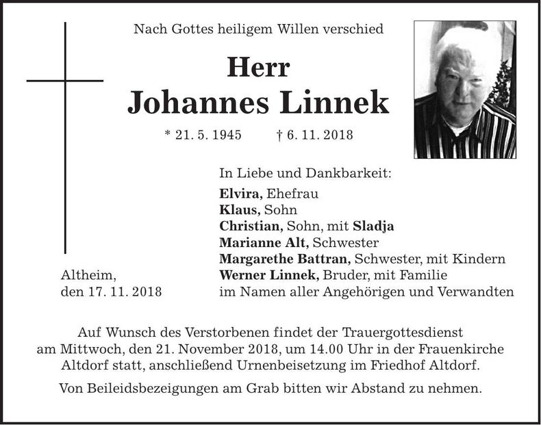 Traueranzeige Johannes Linnek