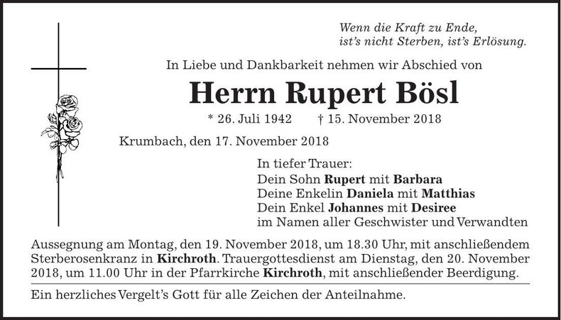 Traueranzeige Rupert Bösl