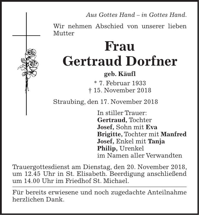 Traueranzeige Gertraud Dorfner