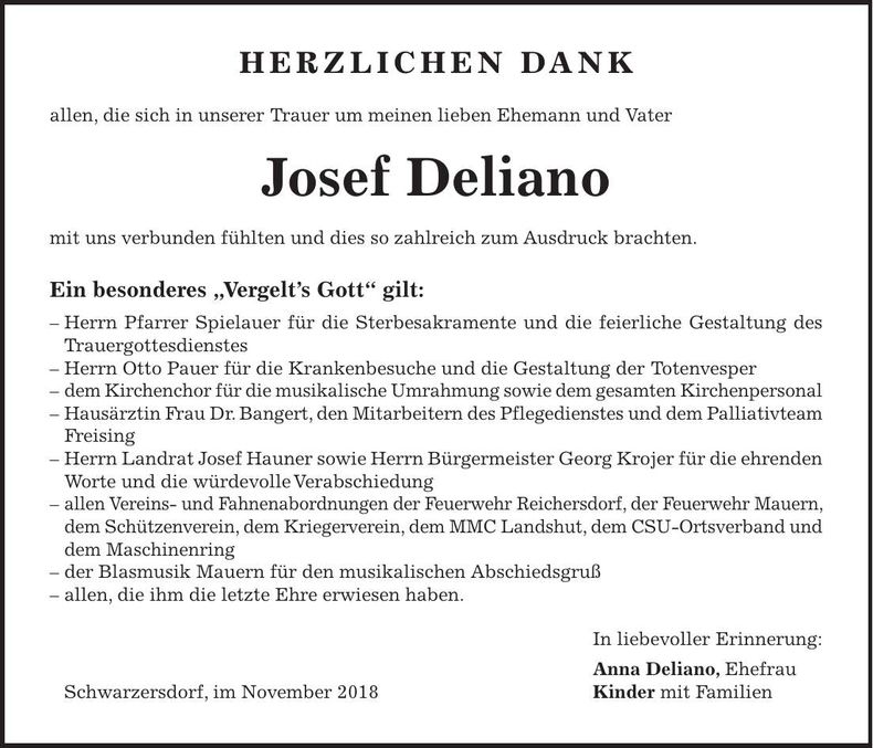 Traueranzeige Josef Deliano