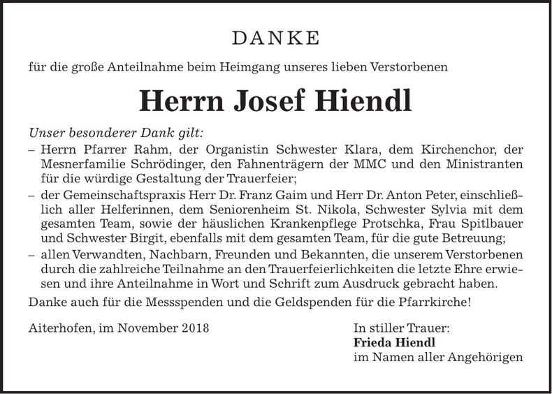 Traueranzeige Josef Hiendl