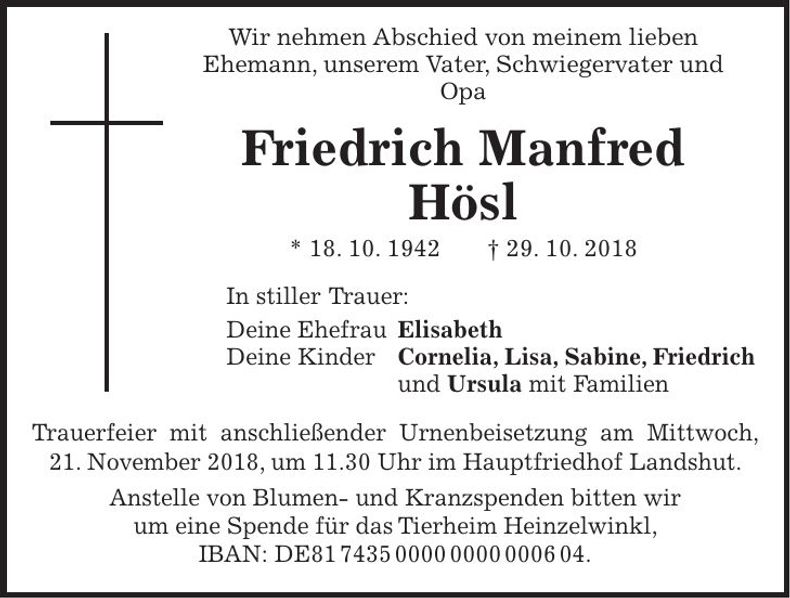 Traueranzeige Friedrich Manfred Hösl