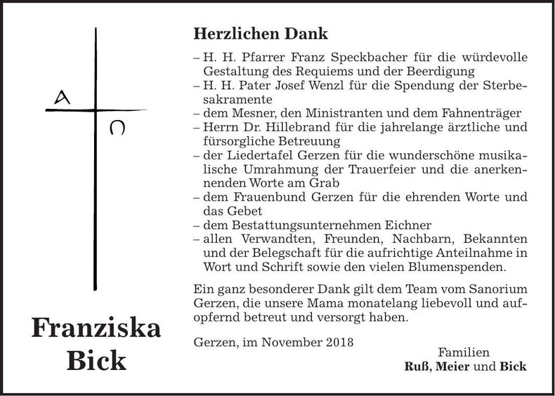 Traueranzeige Franziska Bick