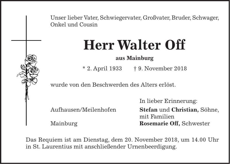 Traueranzeige Walter Off