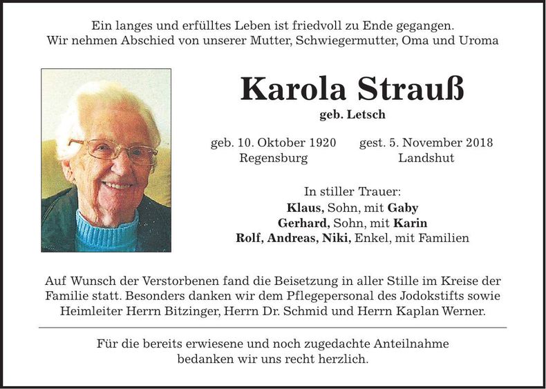 Traueranzeige Karola Strauß