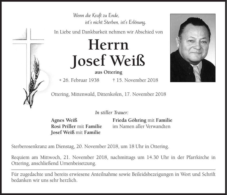 Traueranzeige Josef Weiß