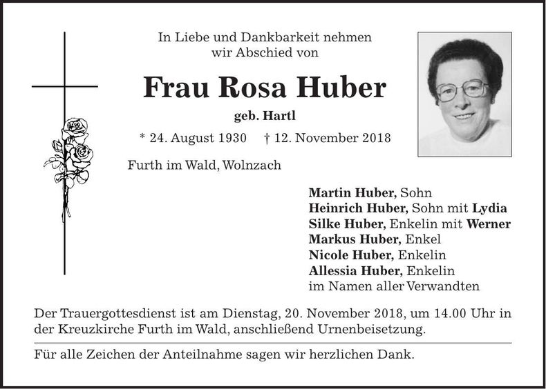 Traueranzeige Rosa Huber